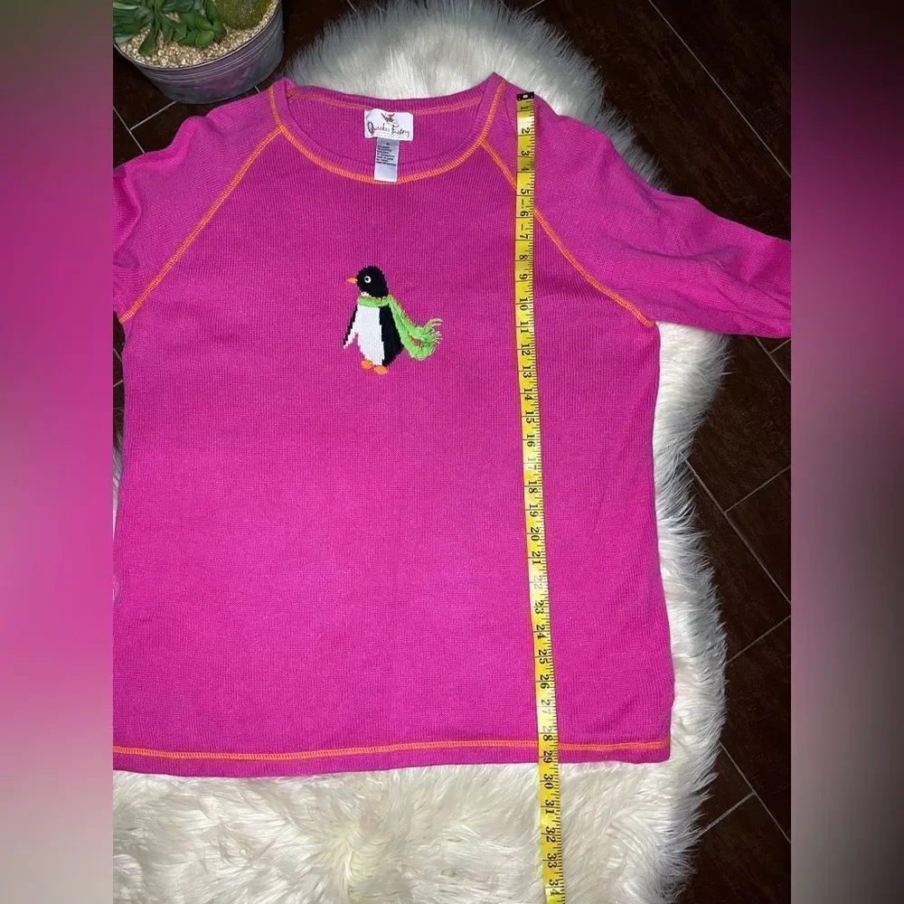 Quacker Factory embroidered penguin Pink crew sweater sz 1X